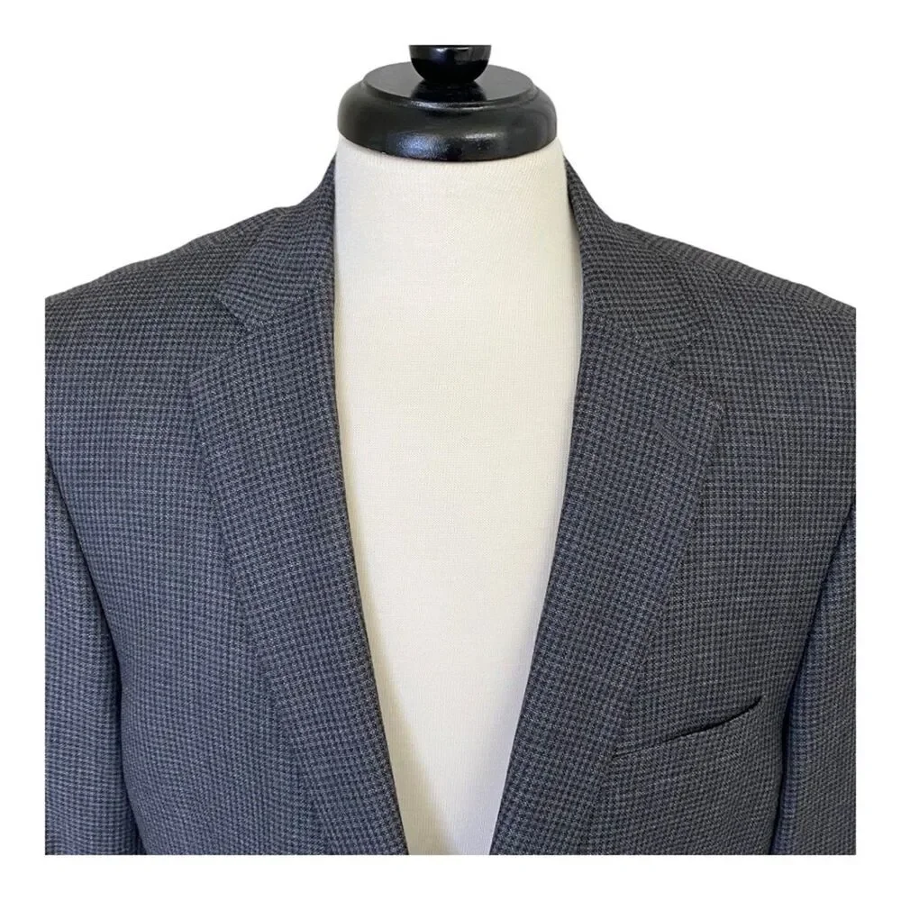 Calvin Klein Suit Jacket Mens 44L Gray Houndstooth Wool Two Button Blazer